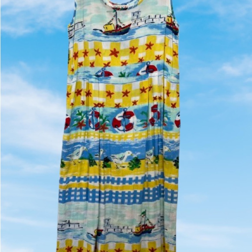 JAMS World Beachy Print Sleeveless Maxi Dress Empire Waist Pockets Rayon XL